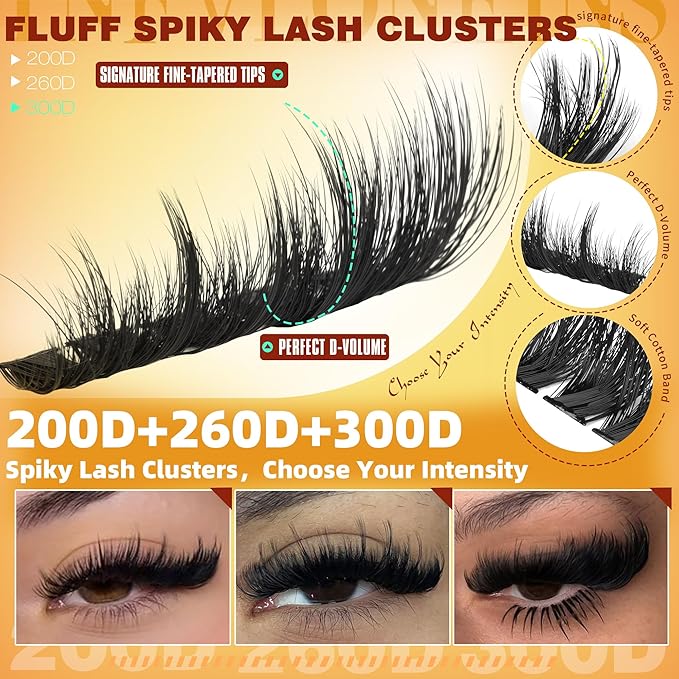 Fluffy Lash Clusters Kit 200D+260D+300D Eyelash Clusters Spikes Lash Extension Kit Thick Eyelash Extension Kit D-Curly Cluster Eyelash Extensions 12-20MM Mink Individual Lashes Cluster by TNFVLONEINS