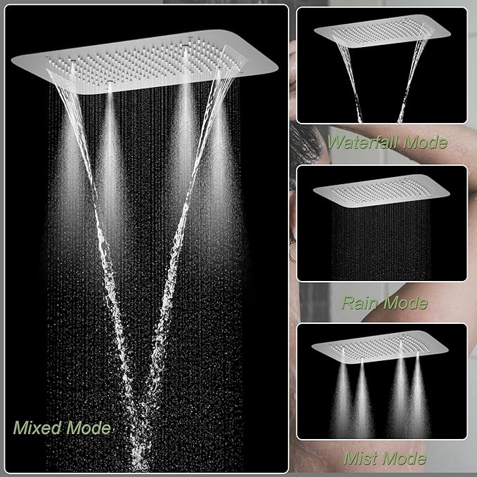 KATAIS Brushed Nickel 16X24 inch Ceiling Mounted Shower Head Set(Rain&Waterfall&Mist 3 Modes), Digital Display Shower System with 6 PCS Body Jet and Handheld Spray