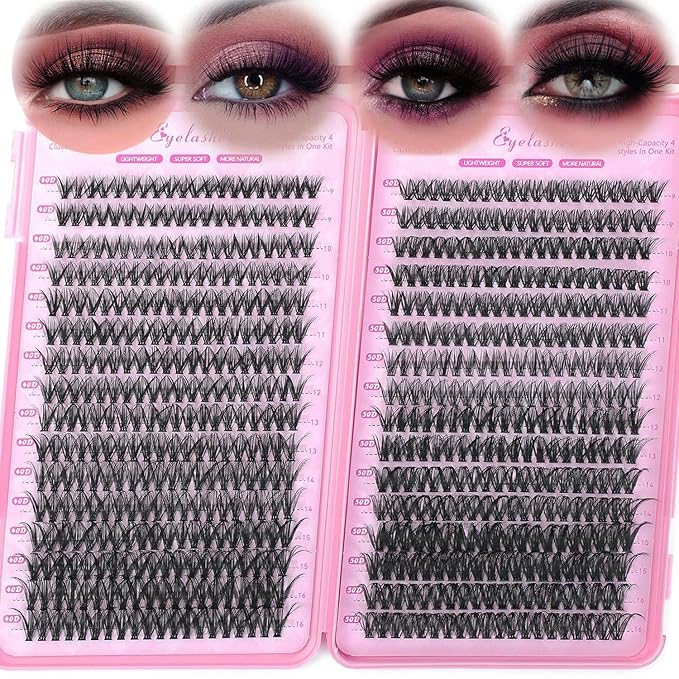 Manga Lash Clusters, 640 Pcs Eyelash Clusters Individual Lash Extension Kit D Curl Fluffy Wispy False Eyelashes Extensions Thin Band (40D+50D)