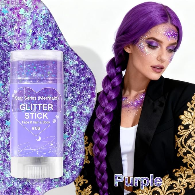 Purple Body Glitter Stick, Sparkling Hair Glitter for Kids and Women, Waterproof Face Hair and Body Glitter Makeup, Rave Accessories Carnival Chunky Sequins