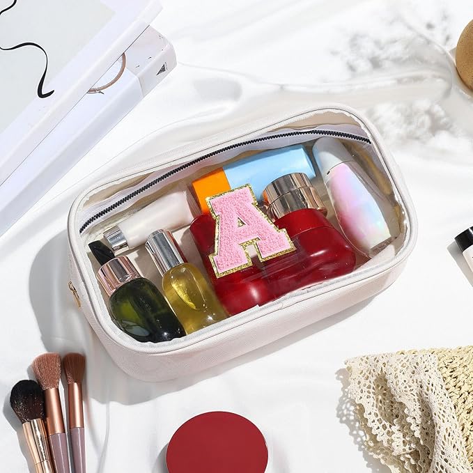 YOOLIFE Initial Makeup Bag Travel Toiletry Bag Clear Makeup Bag Preppy Cosmetic Bag Gifts for Girls Kids Valentines Gifts Birthday Gifts for Girls Kids Birthday Gifts Swim Gifts White L