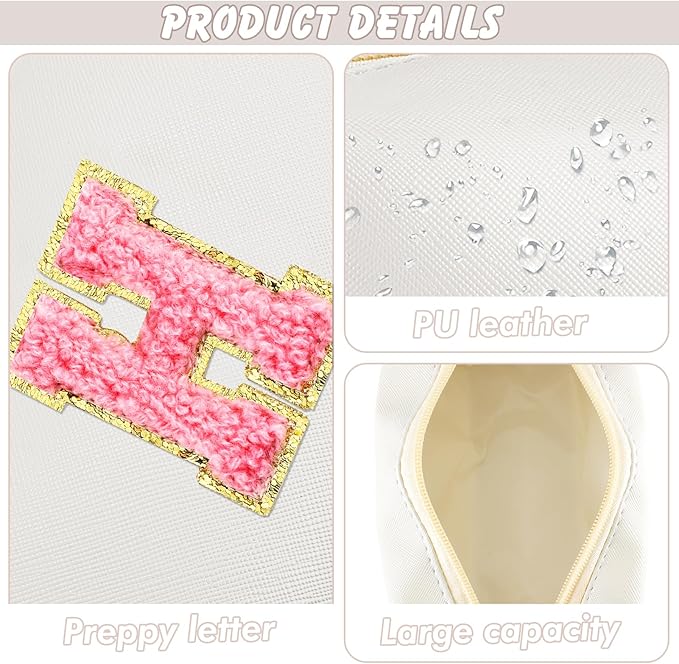 URSKYTOUS Initial Makeup Bag Personalized Preppy Travel Small Cosmetic Bag Cute PU White Chenille Letter Makeup Pouch for Purse Waterproof Zippered Toiletry Organizer for Women Girls Kids Friends (H)