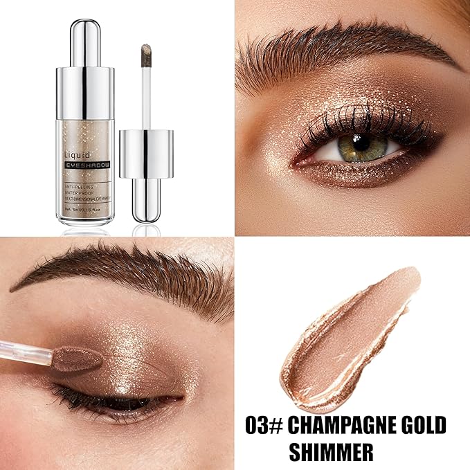 Champagne Gold Shimmer Liquid Eyeshadow, Longwear Waterproof Eye Shadow Cream,Buildable Highly Pigmented Blendable Eye Makeup,Vegan Cruelty-Free Paraben-Free for Older Women Stage makeup 03#