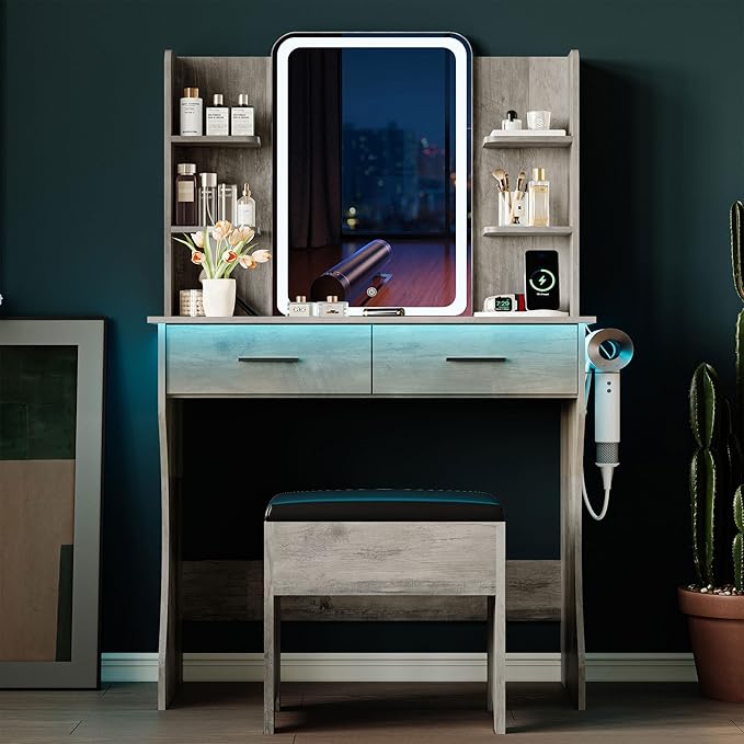 Vanity Desk with LED Lights Mirror & Power Outlet, Small Makeup Vanity Table Set with Storage Drawers & Chair, 3 Lighting Modes & Adjustable Brightness, Dressing Table for Women Girls Bedroom, Grey