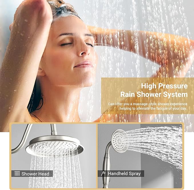 DASAN Brushed Nickel Rain Shower System Complete Antique Shower Faucet Sets, Shower Fixtures Combo Set with Pressure Balance Valve, Trim Kit, 9’’ Rainfall Overhead Shower & Handheld, AT209W-BN