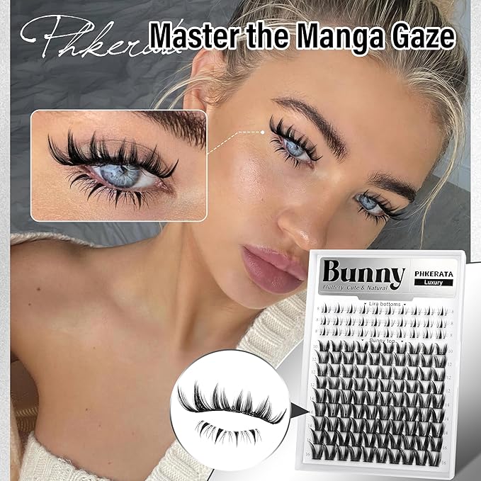 Bunny Lash Clusters Kit with Bottom Eyelash Clusters Manga Lash Extensions Kit Wispy Fairy Cluster Eyelash Extensions Kit DIY Individual Lashes with Clear Bond and Seal Tweezers, 8-16mm