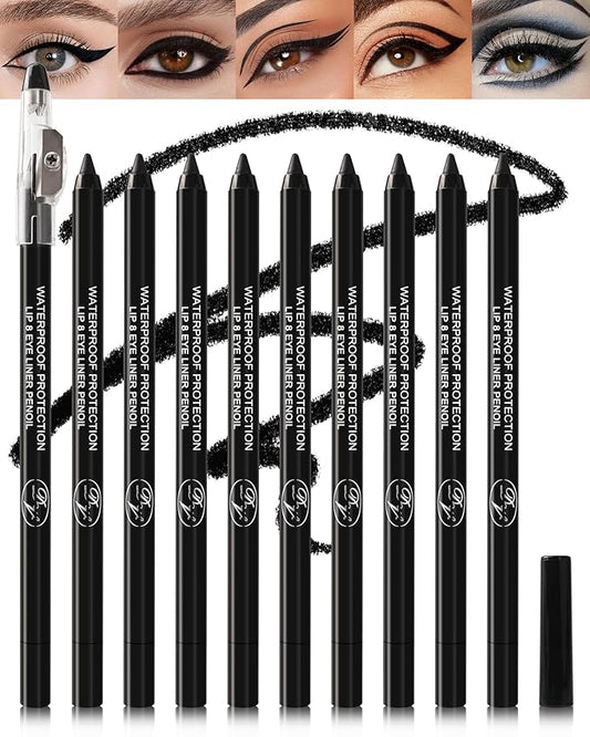 10 Pcs Gel Eyeliner Pencil Set, Black Waterline Waterproof Eye Liner Eyeshadow Stick for Women, Cream Long Lasting Smudge Proof Eyeliner Pen Pack, Ultra Pigmented Matte Makeup Pen with Sharpener-Set A