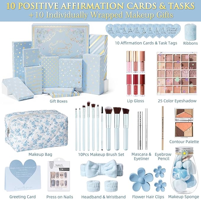 Teen Girl Gifts Trendy Stuff, 10 Positive Affirmation Cards & Empowering Challenges to Unlock 10 Wrapped Makeup Gift Set Motivational Birthday Valentines Day Gift Basket for Tween & Teenage Girls