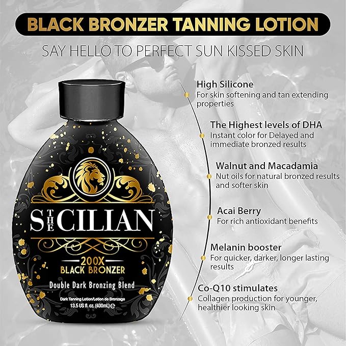The Sicilian 200X Dark Black Bronzer Tanning Lotion - BEST Tanning Lotion For Glowing Skin - Gradual Bronzing & Sunless Self Tanner Lotion - Luxurious Sunless Body Tanning Lotion Nourishes Skin