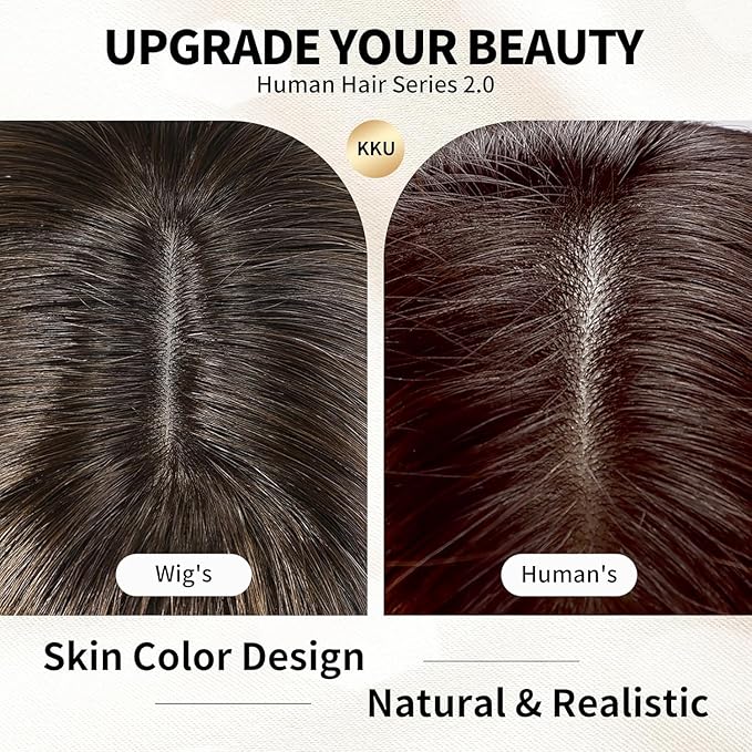 KKU 16 Inch Ombre Brown Human Hair Wigs for Women,Layered Straight Hair Wig with Bangs,Wear Natural Realism
