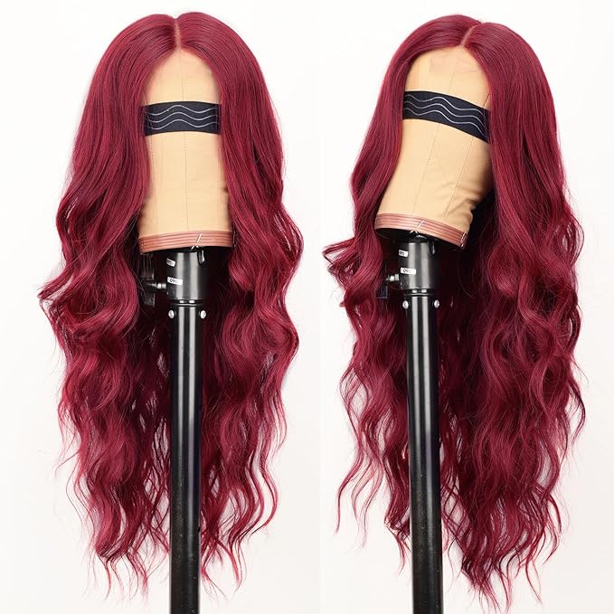 AISI HAIR Bright Red Wig for Women, Long Wavy Lace Hairline Middle Part Synthetic Heat Resistant Wig for Daily Party-26 Inch