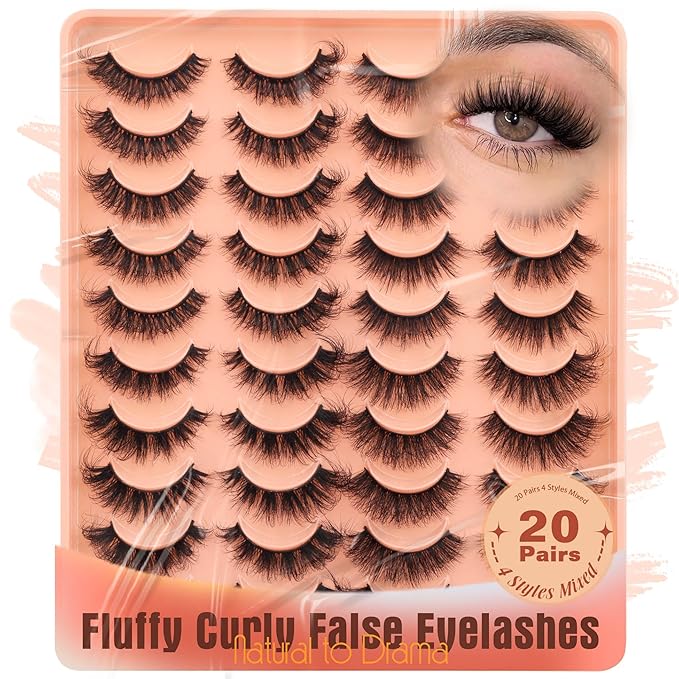 20 Pairs False Eyelashes Natural Look Lashes Mink Fuzzy Fake Eyelashes Wispy Strip False Lashes 4 Styles Mixed Thick Volume Faux Mink Eyelashes ALICROWN