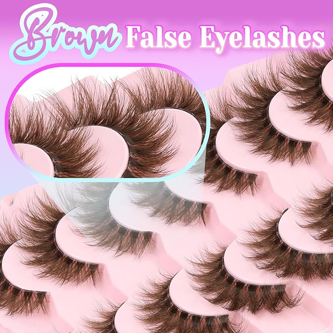 Losha Brown Lashes Volume False Eyelashes Fluffy Cat Eye Lashes 7 Pairs Crisscross Lashes Strips with Clear Band 8-18mm Thick Fake Eyelashes (FC03 Brown)