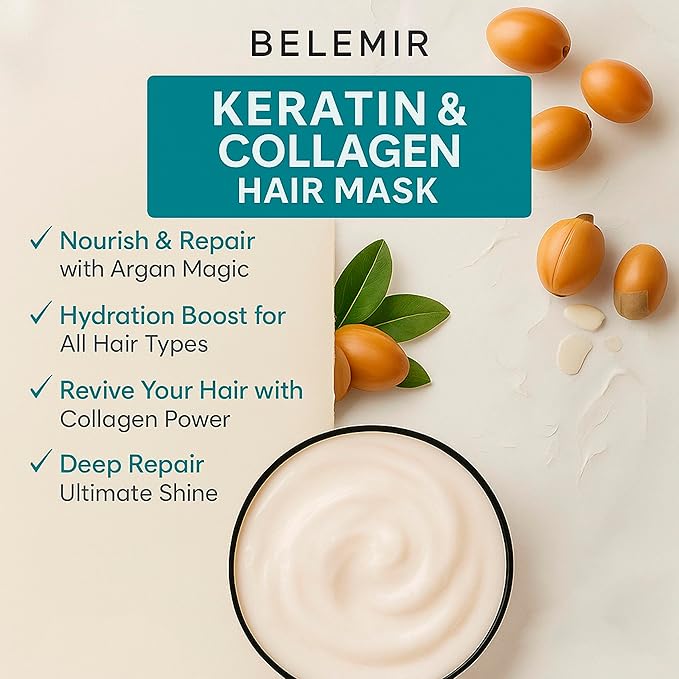 BELEMIR Keratin Hair Mask – Deep Conditioning for Damaged Hair – Collagen & Argan Oil Treatment – Hydrating & Repairing – Sulfate & Paraben Free – 500 ml / 16.9 fl oz