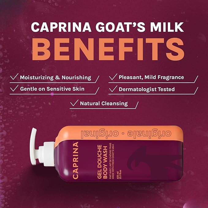 Caprina Fresh Goat’s Milk Body Wash, ORIGINAL Formula, 625 ml, Moisturizing Cleanser for Normal Skin, Gentle Daily Hydration
