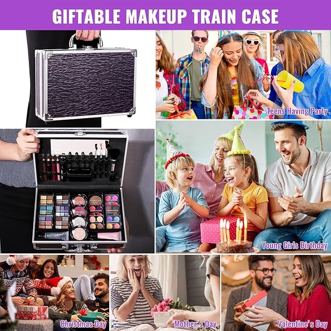 Makeup Kit for Teen Girls & Women Full Kit, Beauty Train Case with Starter Cosmetic Set, Make Up Valentine Gift Box with Eyeshadow,Lipgloss,Highlighter,Blush,Lip&Eye Pencils,Brush & More(Purple)