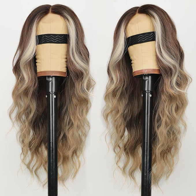 AISI HAIR Brown Balayage Blonde Wig for Women, Long Wavy Lace Hairline Middle Part Synthetic Heat Resistant Wig for Daily Party-26 Inch