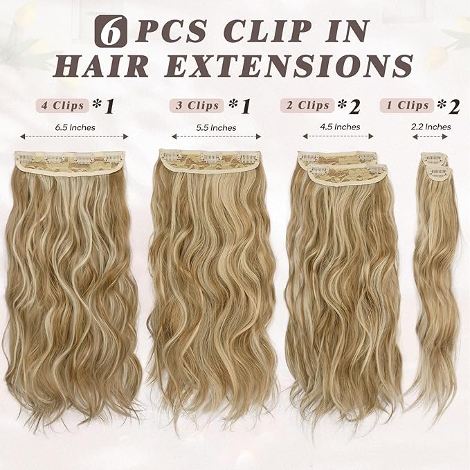 BARSDAR Golden Blonde Clip in Hair Extensions - Golden Blonde Highlight Wavy Clip in Hair Extensions for Women - 16 Inch 6 PCS Voluminous Thick Soft Synthetic Beach Wavy Hairpieces Daily Party