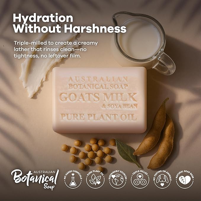 Australian Botanical Soap Goat Milk Soap Bar – Triple-Milled Body Cleanser with Shea Butter & Soya Bean Oil – Gentle Hydration for Sensitive Skin 6.8 oz – 1 Pack