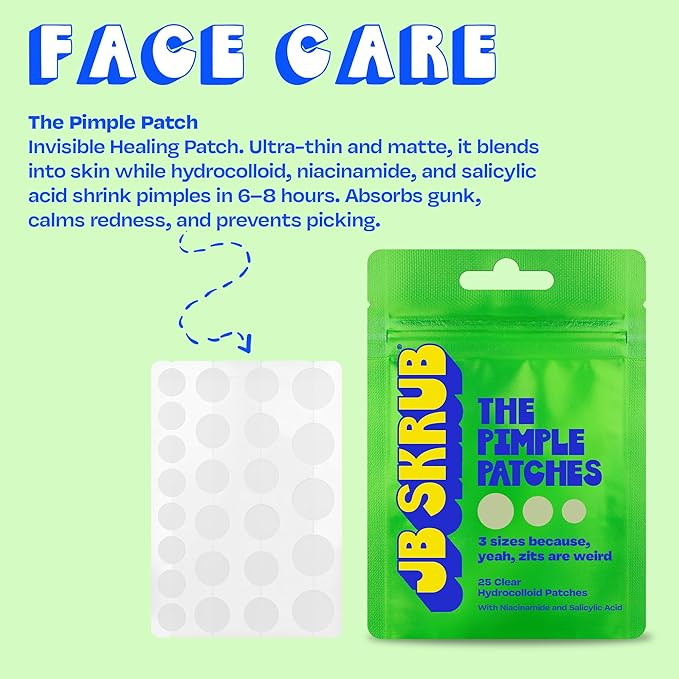 JB SKRUB The Pimple Patches for Face, Ultra Discreet Clear Hydrocolloid Patches with Salicylic Acid & Niacinamide, Skin Care for Kids & Teens - 3 Packs of 25 Small, Medium & Large Spots
