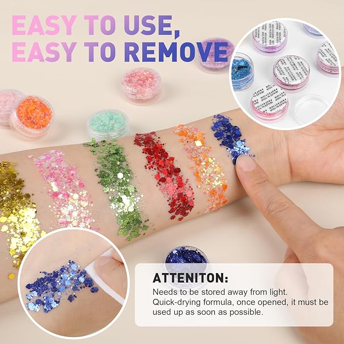 40 Colors Body Glitter, Mardi Gras Accessories Hair Glitter for Kids Women Glow in The Dark, Eyeshadow Face Sparkles, Makeup Festivals, Raves, Anime Cosplay, Concerts Face Paint Valentines Day Gifts