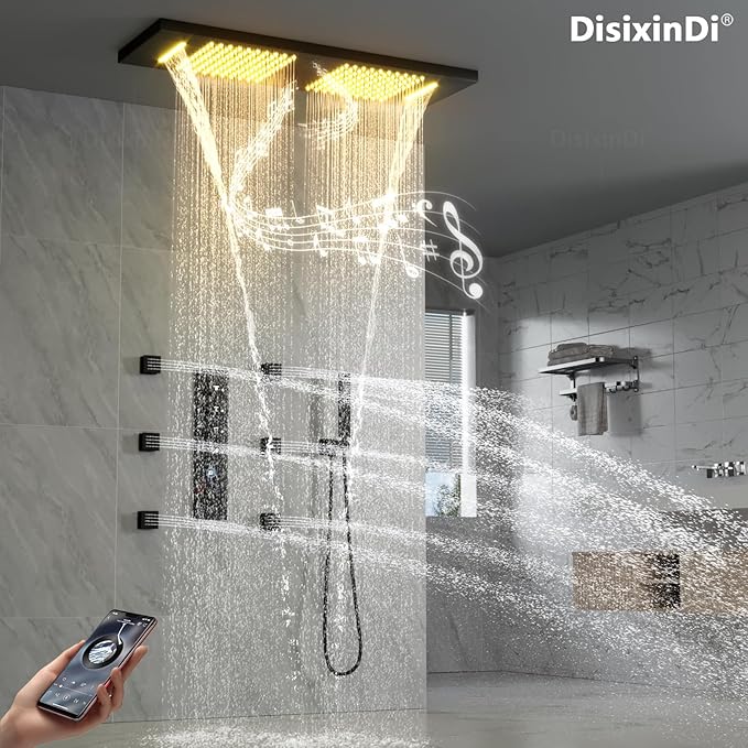 35.5X12 Inch Ceiling LED Music Dual Rain Shower Head Fit 2 Person Bathroom, Smart Large Luxury Thermostatic Rainfall Shower System Fixtures Set (Matte Black, Shower System With Body Jets)