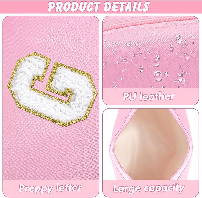 URSKYTOUS Initial Makeup Bag Personalized Preppy Travel Small Cosmetic Bag Cute PU Pink Chenille Letter Makeup Pouch for Purse Waterproof Zippered Toiletry Organizer for Women Girls Kids Friends (G)