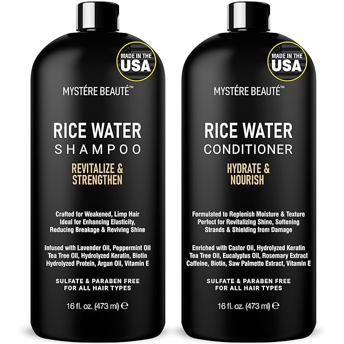 MYSTÉRE BEAUTÉ Rice Water Shampoo and Conditioner Set - Ultra-Nourishing Hair Care Set, Promotes Growth, Revitalizes Shine, and Shields from Damage - Infused with Essential Oils - 16 fl oz Each