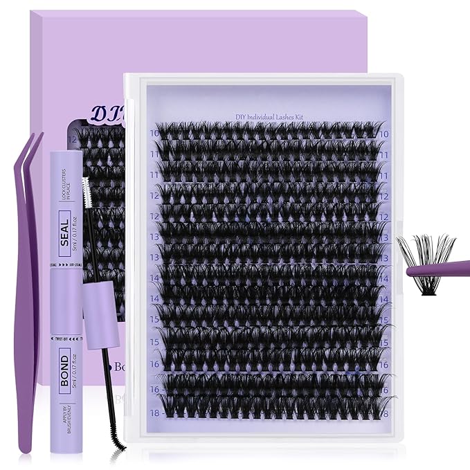 B&Qaugen Lash Extension Kit 280Pcs Volume Individual Lashes Kit Superfine Individual Eyelashes 10-18mm Soft D Curl Eyelash Clusters Kit with Bond and Seal Tweezers for Self Use （Kit，70D-10-18MIX）