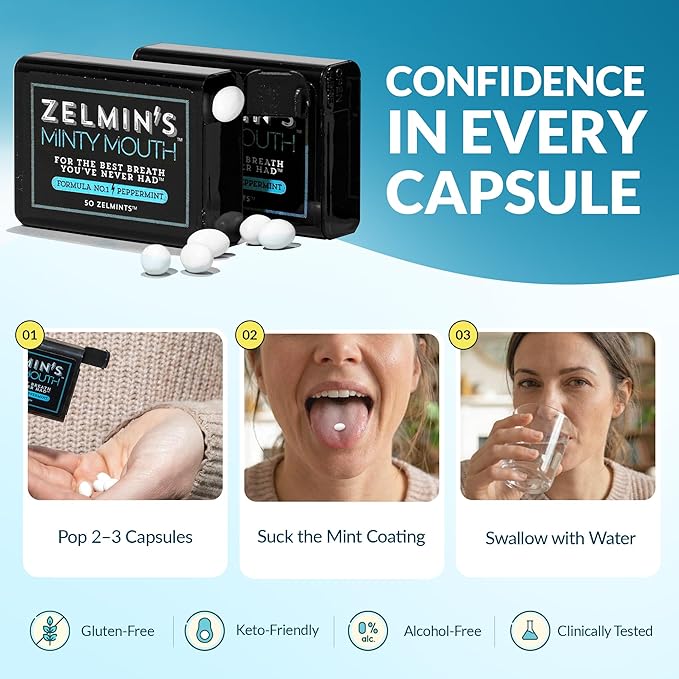 Zelmin's Minty Mouth Breath Freshener - (12 Pack) Long Lasting Bad Breath Treatment for Adults, Instant Freshness Helps with Dry Mouth, Natural Breath Mints for Travel, Alcohol-Free, Keto, Gluten-Free