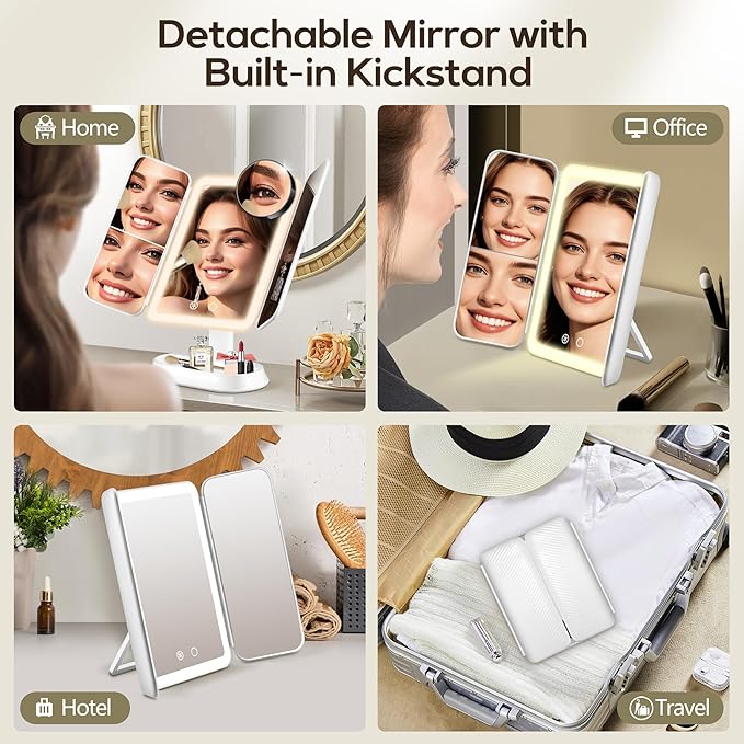 Vanity Mirror with Lights, Lighted Makeup Mirror with 30X/10X/5X Magnification, Rechargeable Trifold Mirror with 3 Color & Adjustable Brightness, Travel Makeup Mirror with Lights for Desk