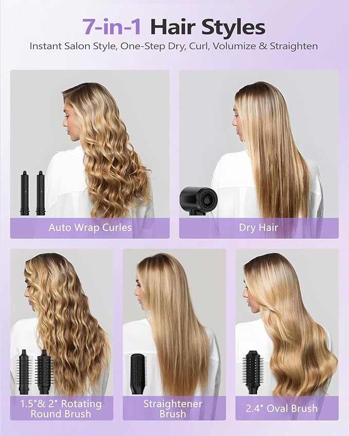TASNEEM 7 in 1 Hot Air Brush & Rotating Hair Dryer Brush, Air Styler with Auto-Wrap Curlers, Ionic Blow Dryer, Straightener & Oval Brush, Without Heat Damage Multi-Styler with Travel Case