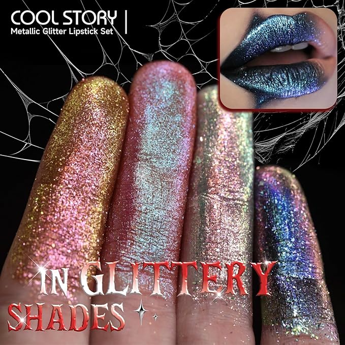 Metallic Glitter Lipstick Set Shimmering Colors Long Lasting Waterproof Plump Matte Moisturizing (Set-E)