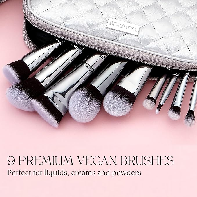 BEAUTICAL Professional Makeup Brush Set – 9 Piece Vegan Brushes with Carry Pouch | Soft Dense Bristles for Liquid, Cream & Powder | Lightweight Aluminum Handles Makeup Brushes For Daily Makeup Routine