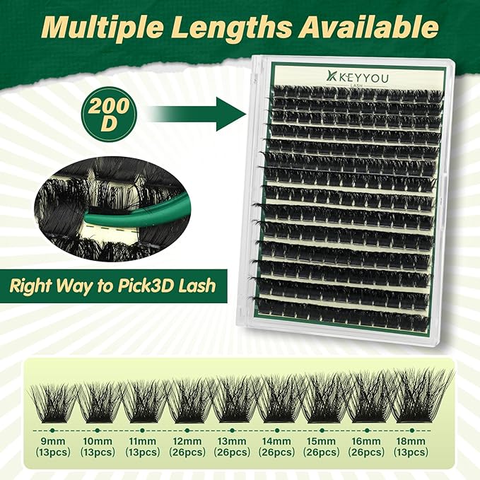 KEYYOU lash Clusters Kit 3D Effect Eyelash Clusters Kit 182pcs 200D 9-18MIX D Curl Individual Lashes Kit Wispy Lashes Volume Cluster Lashes Kit Soft DIY Lash Extension Kit (3D Kit-200D-D-9-18MIX)