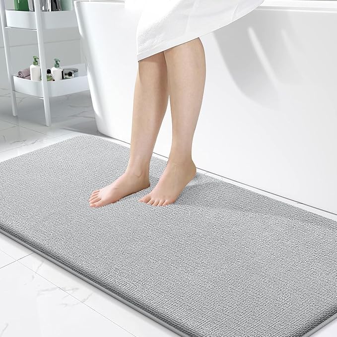 OLANLY Thick Memory Foam Bath Mat Rug 50x30, Extra Soft Absorbent Bathroom Rug, Quick Dry Bath Mats, Non-Slip, Machine Washable Carpet for Bathroom, Tub and Shower, Home Decor Accessories, Light Grey