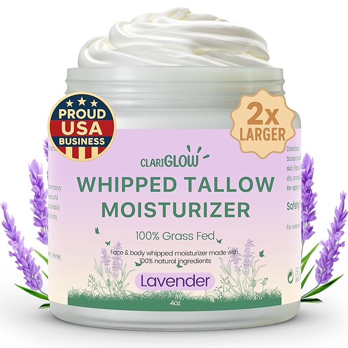 Clariglow Whipped Beef Tallow Skin Moisturizer - 100% Grass Fed Beef Tallow Face Cream - Natural Lotion Balm Body Moisturizer with Honey & Lavender - 4 oz