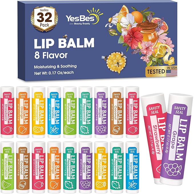 32 Pack Lip Balm, Natural Lip Flavors