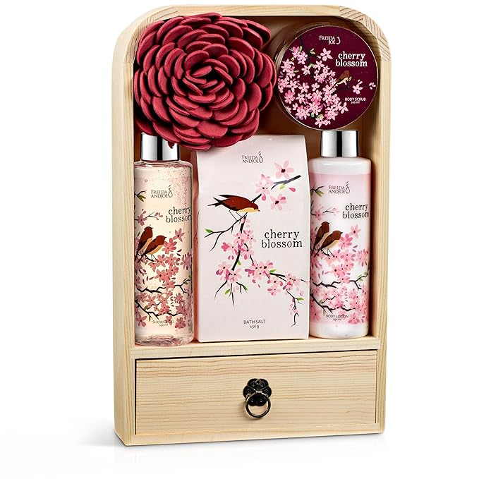 Elegant Modern Bath and Body Gift Set Home Spa Set with Shower Gel, Body Lotion, Bath Salt, Body Scrub & Pouf in Wooden Curio (Modern Cherry Blossom)