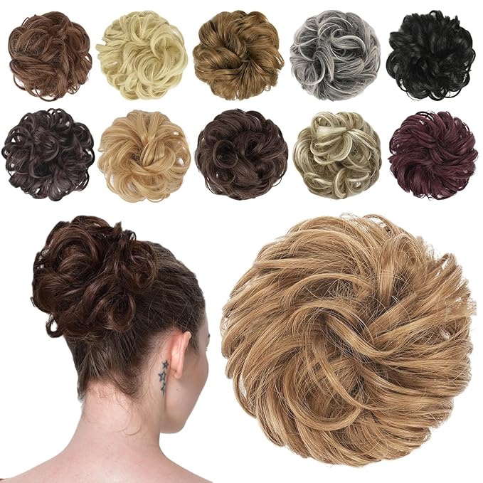 FESHFEN Messy Bun Hair Piece - Wavy Synthetic Chignon Scrunchies for Instant Volume, Elastic Bun Ponytail Hair Extensions Thick Hairpieces for Women, Strawberry Blonde 1.50 oz