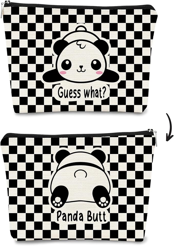 BARPERY Panda Gifts Makeup Bag,Gifts for Panda Lover Wonmen,Cute Baby Panda Guess What It's Pug Butt Cosmetic Bag,Makeup Case for Teen Girls Daughter, Panda Accessories(Black and White checkered)
