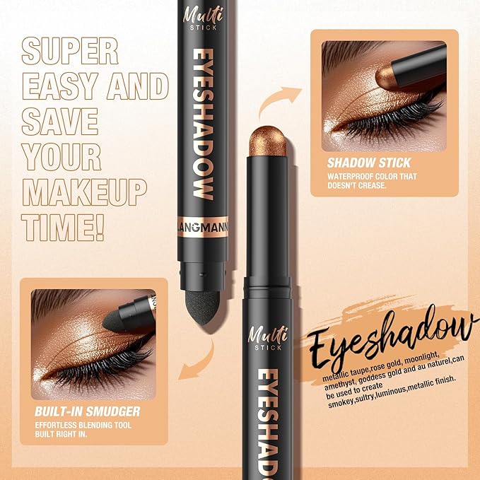 LANGMANNI 4Colors Dual-Ended Cream Eyeshadow Stick Set – Silky Smooth, Waterproof & Transfer-Proof, Built-in Blender Brush, All-Day Matte & Shimmer Wear Eye Makeup(#1+2+3+4)