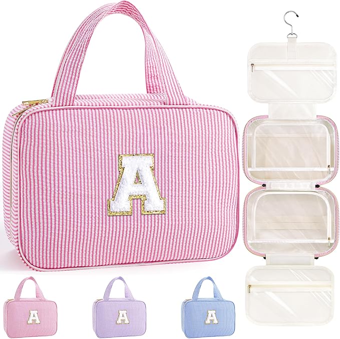 TOPEAST Valentines Day Gifts for Kids Women Her - 8 9 10 11 12 13 14 15 16 17 Year Old Girls Birthday Gifts, Initial Hanging Toiletry Bag & Makeup Bag, Travel Cruise Essentials, Pink A