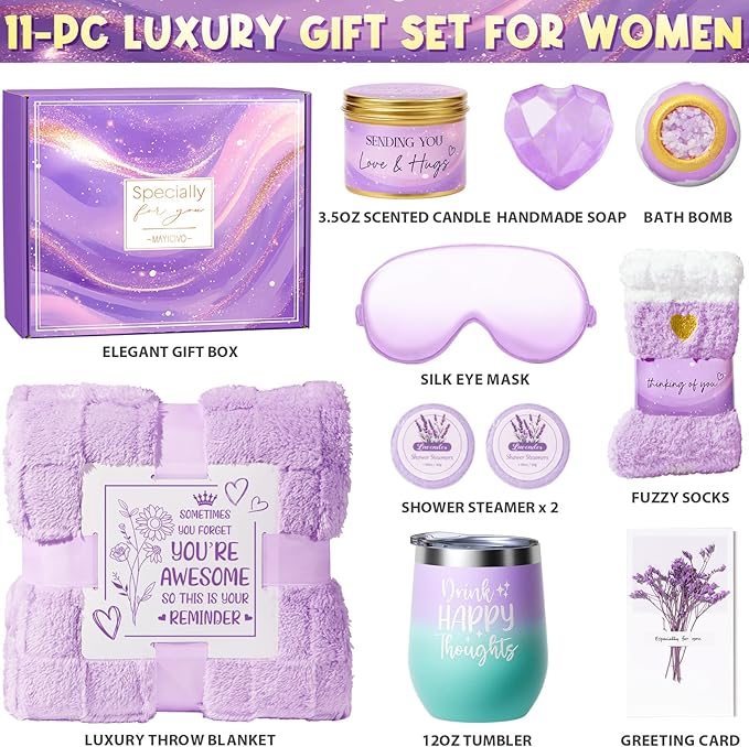 Birthday Gifts for Women, Self Care Get Well Soon Gift Baskets for Women, Lavender Relaxing Spa Gift Care Package w/ Blanket, Unique Valentines Day Gifts Idea for Her Wife Girlfriend Mom Friend Sister