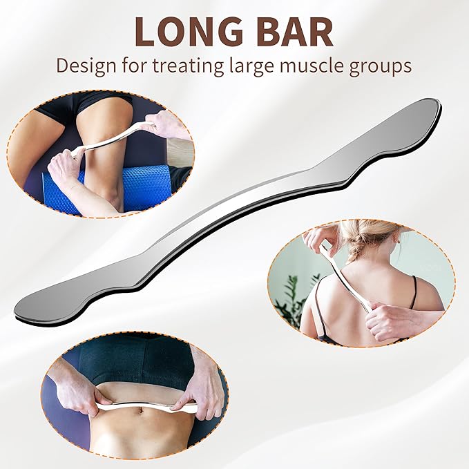 Muscle Scraper Tool, 4 in 1 Gua Sha Body Tool with Long Bar and Derma Edge for Physical Therapy, Multi-Functional Stainless Steel Gua Sha Tool with Storage Bag for Elbows, Wrists, Knees, and Back