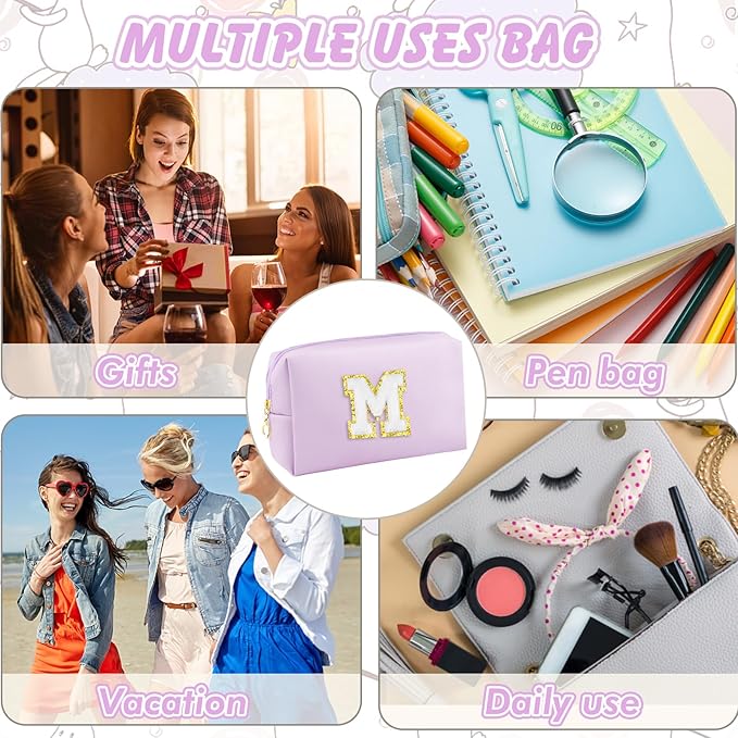 URSKYTOUS Gifts for Girls Initial Makeup Bag Personalized Cosmetic Bag with Zipper Cute Travel Toiletry Bag Waterproof PU Preppy Makeup Pouch Birthday Gift for Teen Girls Women(Purple M)