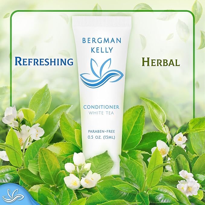 Bergman Kelly - Travel Shampoo and Conditioner Set - 0.5 fl oz, 100 Pieces, White Tea - Delight Your Guests with Revitalizing and Refreshing Hotel Toiletries and Guest Hospitality in Bulk
