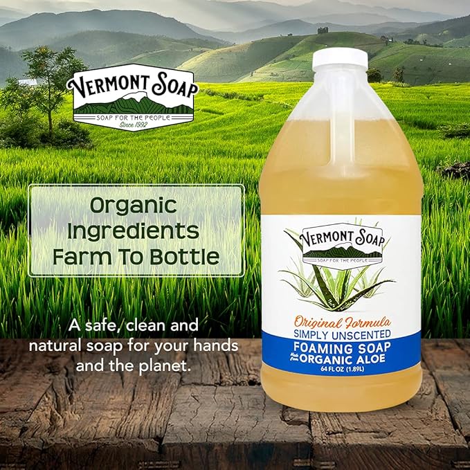 VERMONT SOAP Organic Unscented Foaming Hand Soap - Natural Moisturizing Soap for Dry Skin - Fragrance Free Liquid Bathroom Hand Soap - Simply Unscented - 64 oz