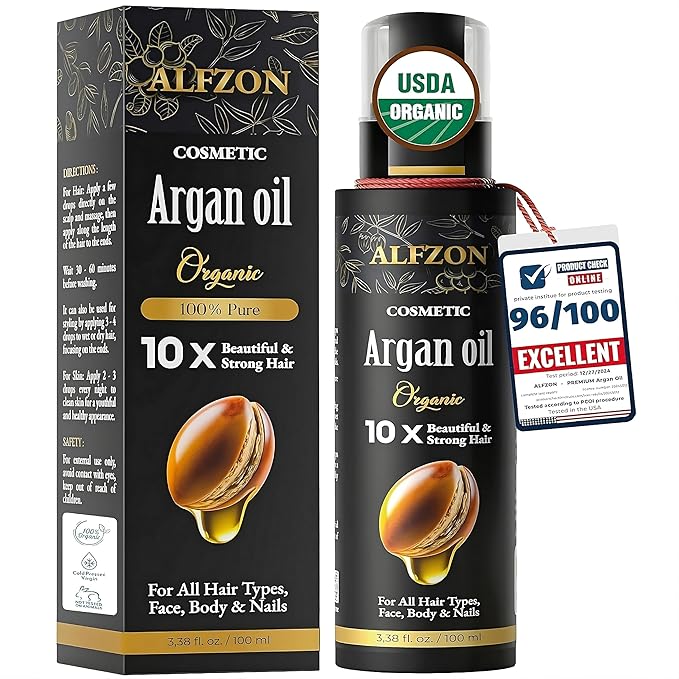 𝓐𝓛𝓕𝓩𝓞𝓝 Moroccan Argan Oil 100% Pure USDA Organic Cold Pressed Lightweight Formula for Dry, Damaged & Curly Hair Boosts Shine, Controls Frizz, Hydrates Skin, Face, Body & Beard - 100 ml (3.38 oz)