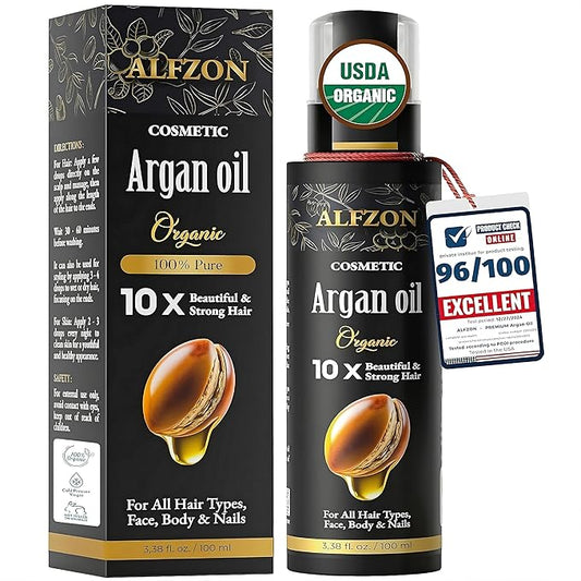 𝓐𝓛𝓕𝓩𝓞𝓝 Moroccan Argan Oil 100% Pure USDA Organic Cold Pressed Lightweight Formula for Dry, Damaged & Curly Hair Boosts Shine, Controls Frizz, Hydrates Skin, Face, Body & Beard - 100 ml (3.38 oz)